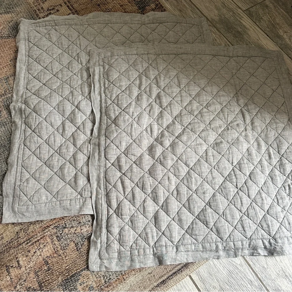 Pottery Barn PAIR Belgian Flax Linen Diamond Quilted Shams Grey SET (2)